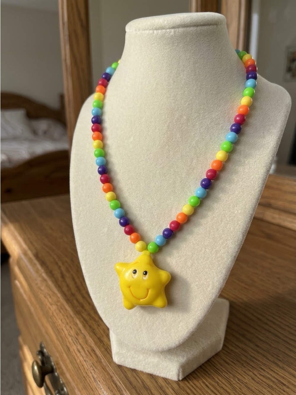 Vintage 2004 Care Bears Rainbow Bead Yellow Star Pendant Necklace Y2K Jewelry